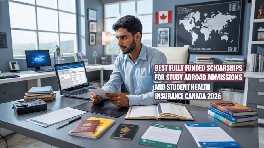 Best Fully Funded Scholarships For Study Abroad Degree Admissions And Student Health Insurance Canada 2026 focused technical researcher in modern workspace reviewing Canadian university admission letters and digital health insurance policies on glowing laptop