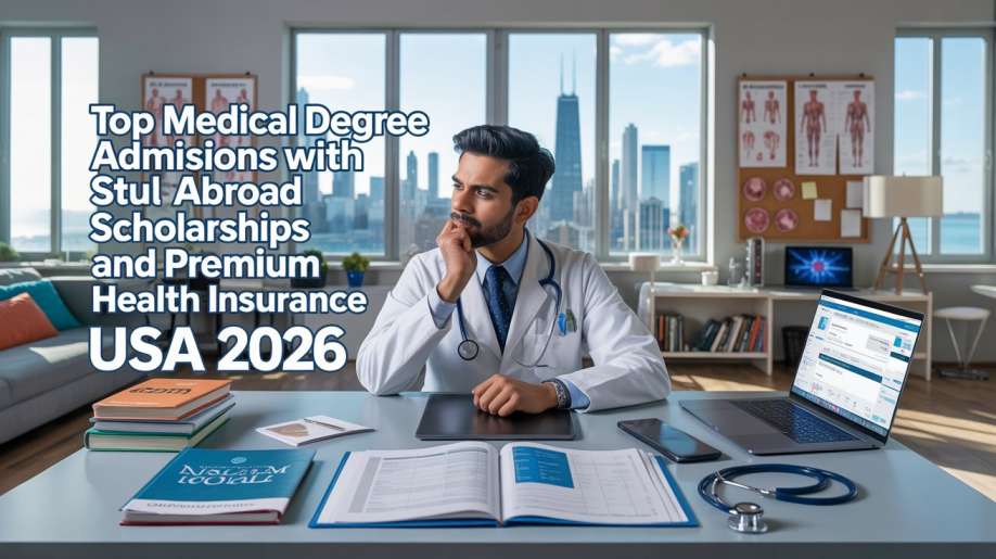 Top Medical Degree Admissions With Study Abroad Scholarships And Premium Health Insurance USA 2026 focused resident doctor in bright Chicago apartment reviewing US medical school admission letters and health insurance policies on glowing laptop