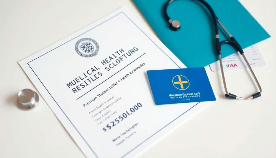 Top Medical Degree Admissions With Study Abroad Scholarships And Premium Health Insurance USA 2026 official fully funded medical scholarship grant resting on pristine white desk next to premium health insurance card and stethoscope