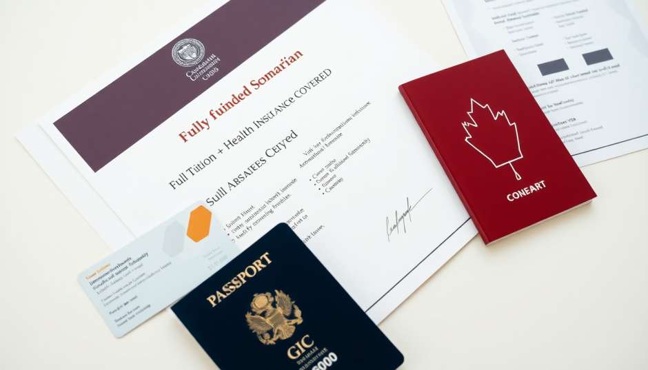 Best Fully Funded Scholarships For Study Abroad Degree Admissions And Student Health Insurance Canada 2026 official fully funded Canadian scholarship grant resting on clean desk next to international student insurance card and passport